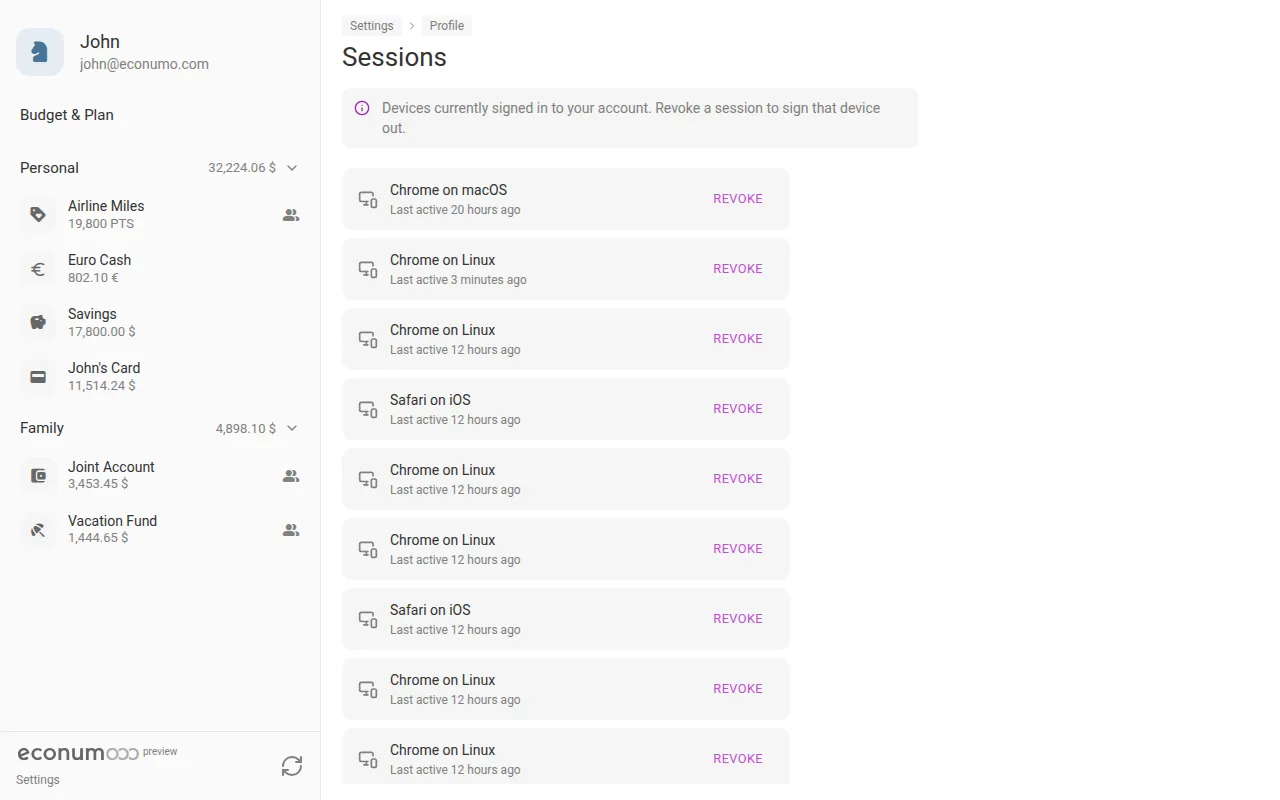 The sessions list (desktop)
