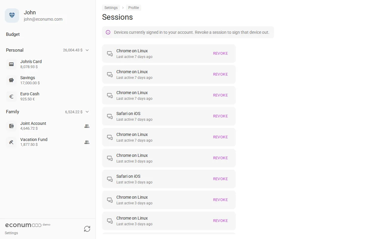 The sessions list (desktop)