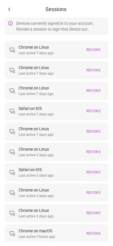 The sessions list (mobile)