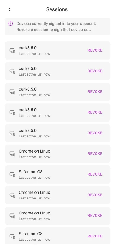 The sessions list (mobile)
