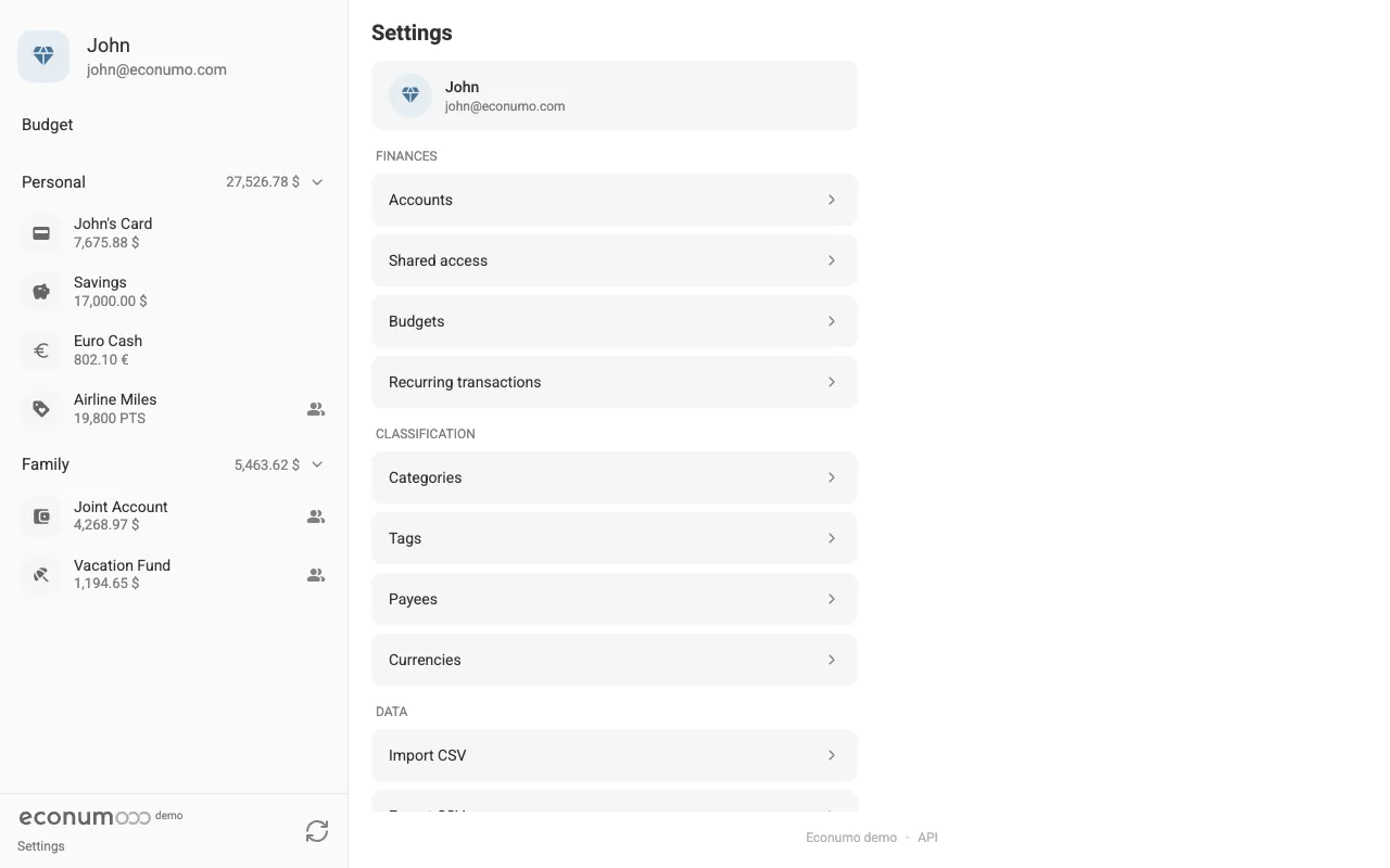 The Settings screen (desktop)