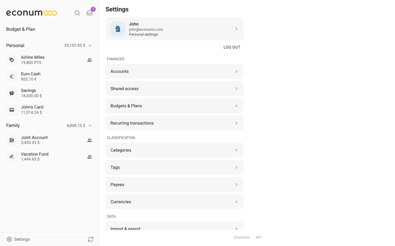 The Settings screen (desktop)
