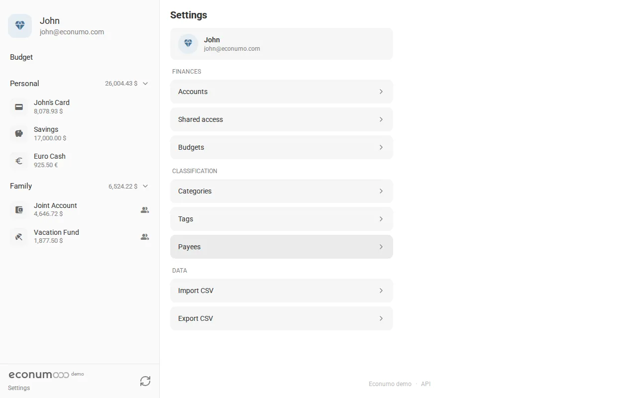 The Settings screen (desktop)