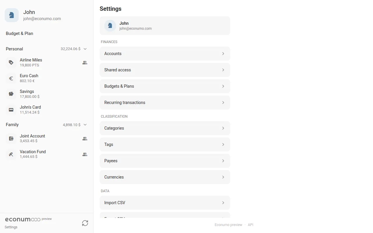 The Settings screen (desktop)