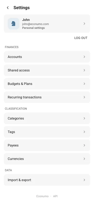 The Settings screen (mobile)