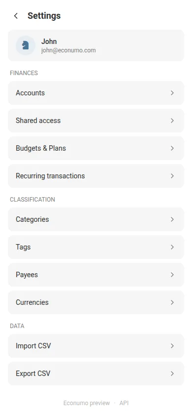 The Settings screen (mobile)