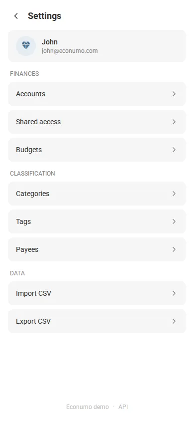 The Settings screen (mobile)