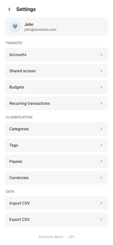 The Settings screen (mobile)
