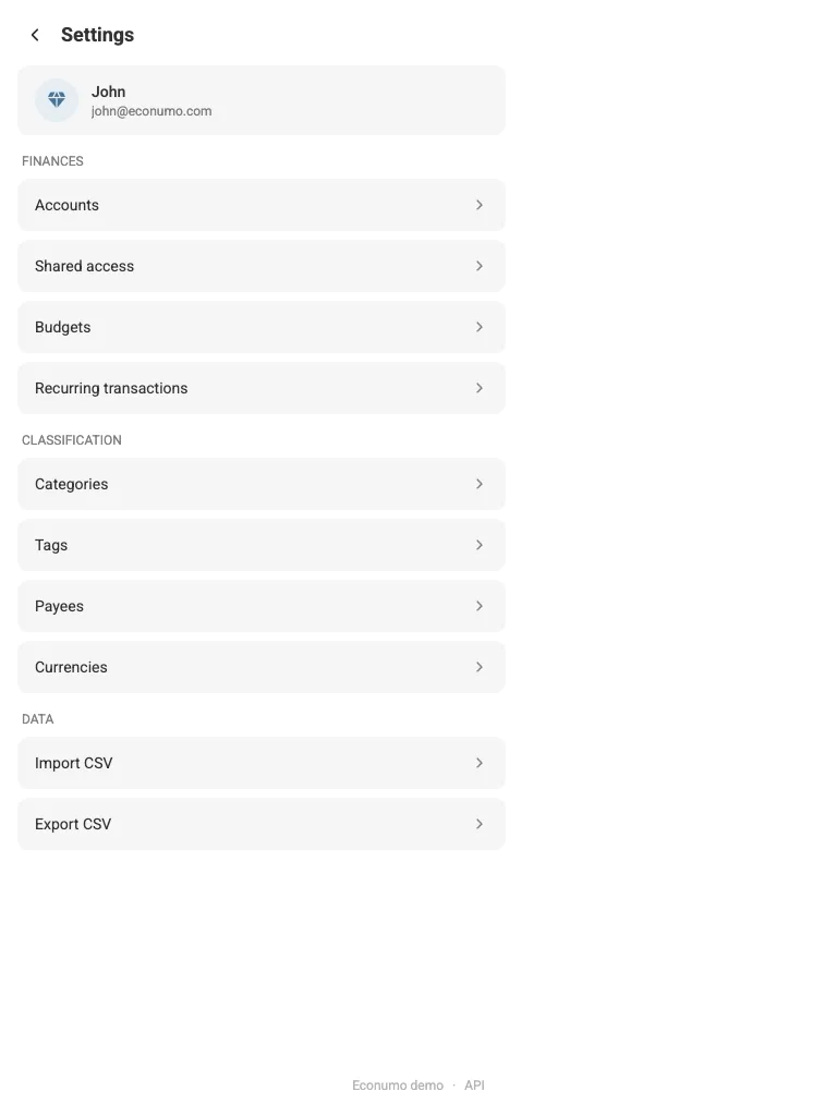 The Settings screen (tablet)