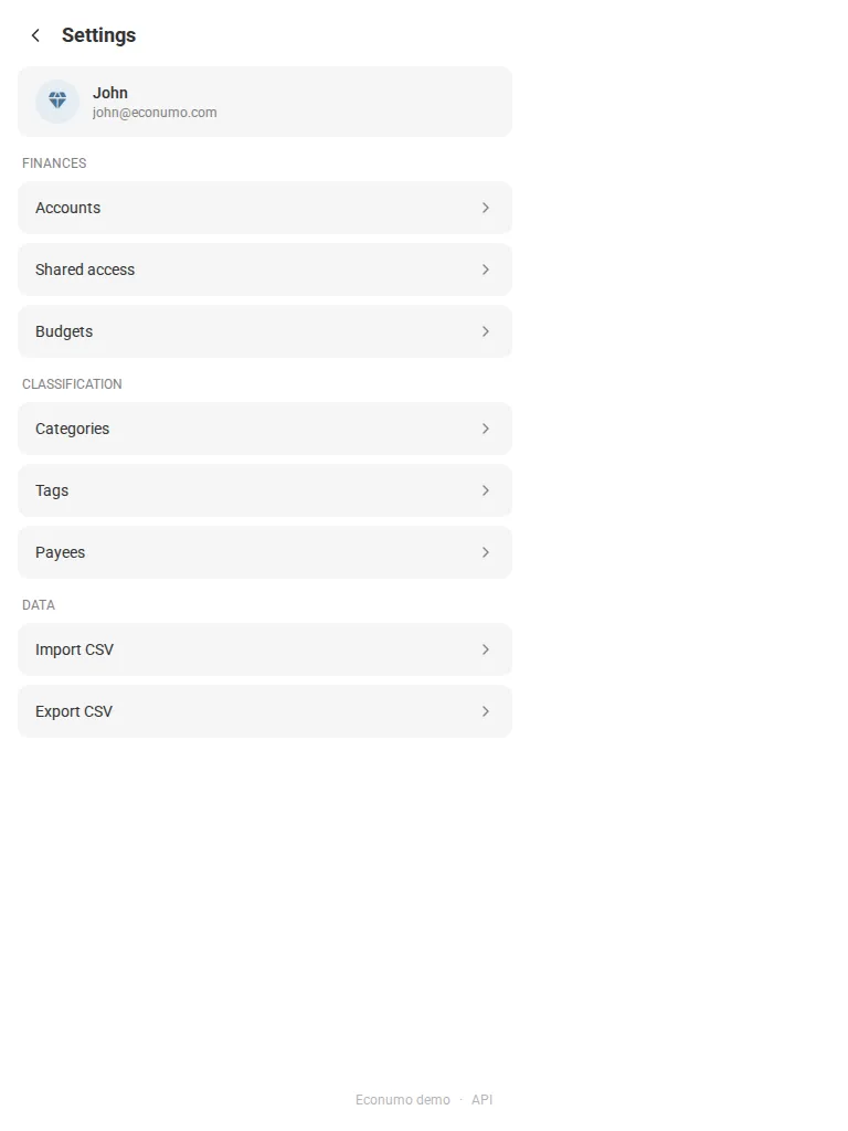 The Settings screen (tablet)