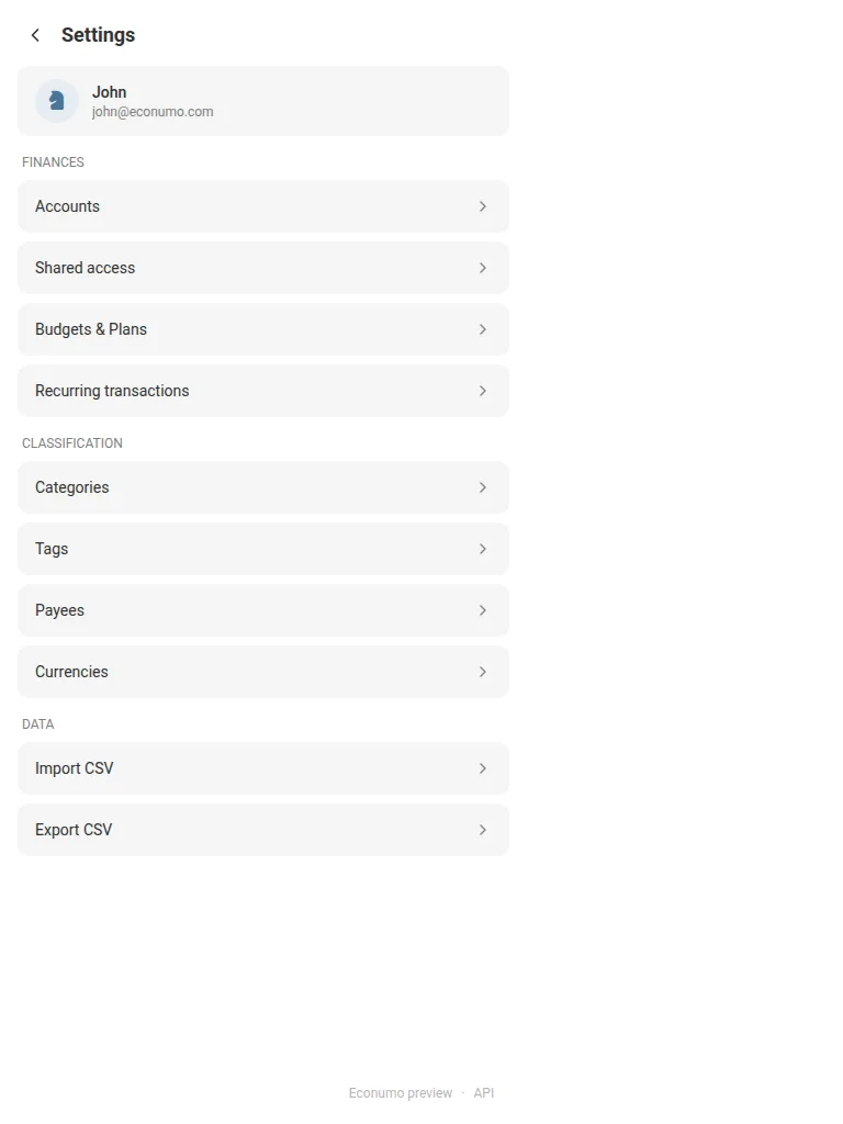 The Settings screen (tablet)