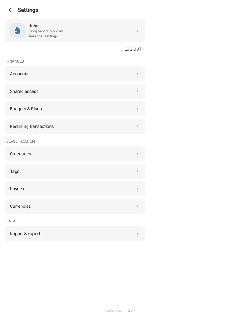 The Settings screen (tablet)