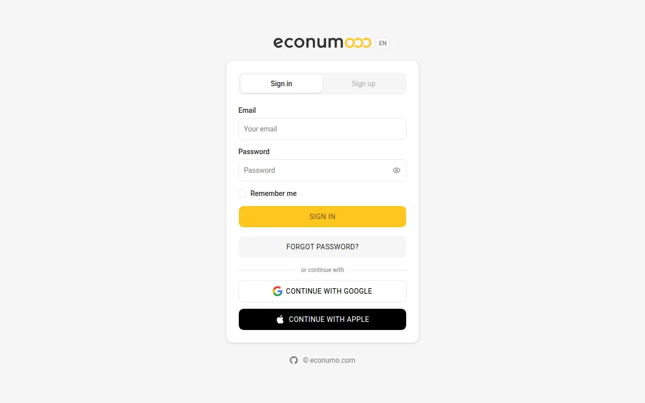 The Econumo sign-in page with Continue with Google and Continue with Apple buttons below the password form (desktop)