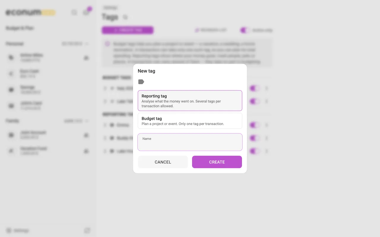 The New tag dialog with its kind picker (desktop)