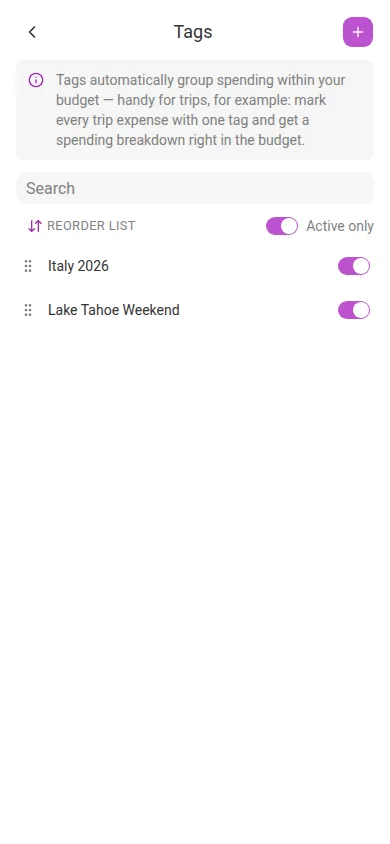 The Tags screen (mobile)