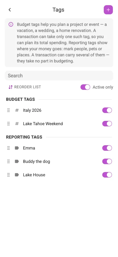 The Tags screen (mobile)