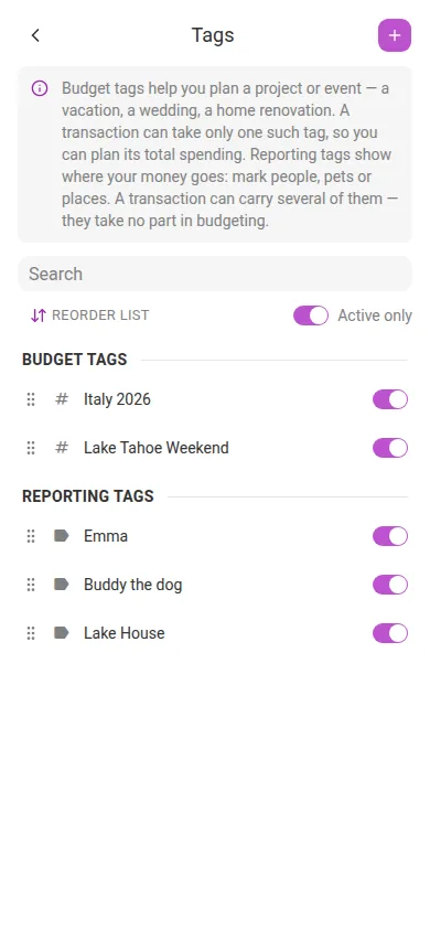 The Tags screen (mobile)
