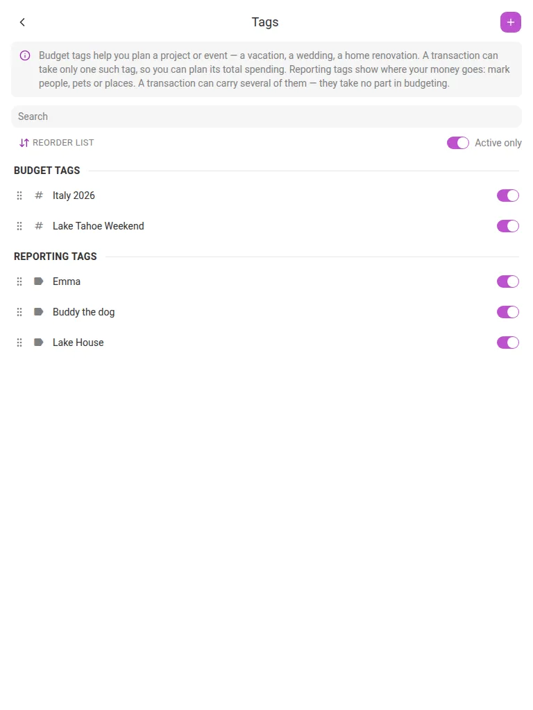 The Tags screen (tablet)
