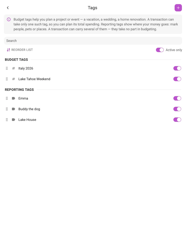 The Tags screen (tablet)