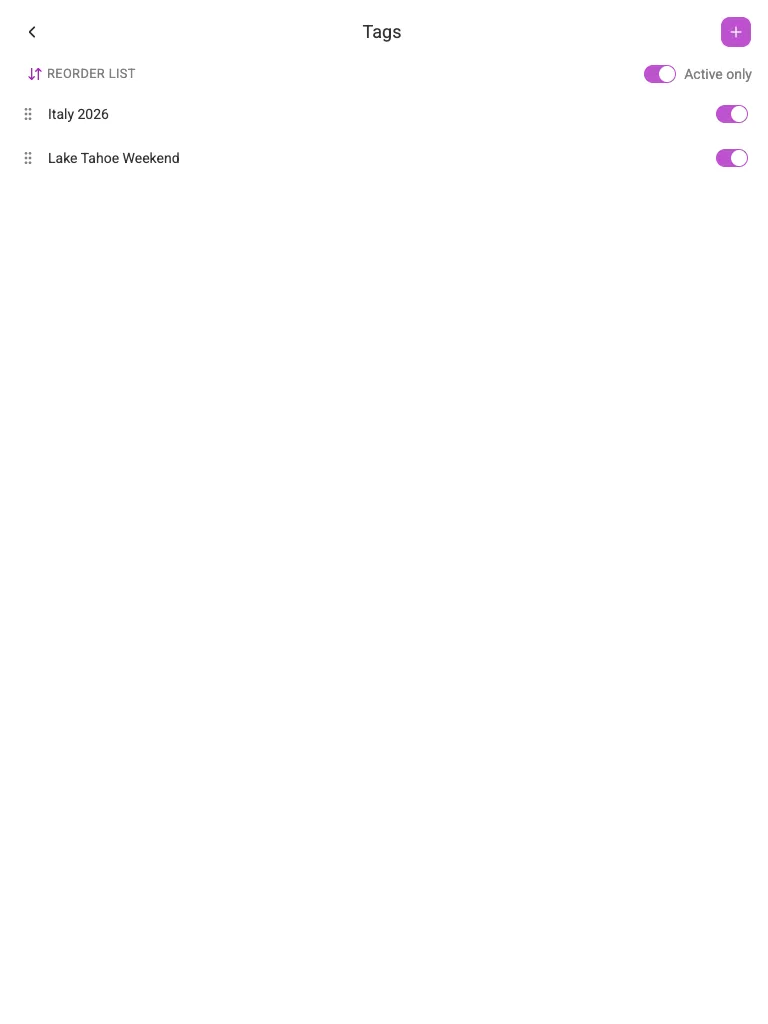 The Tags screen (tablet)