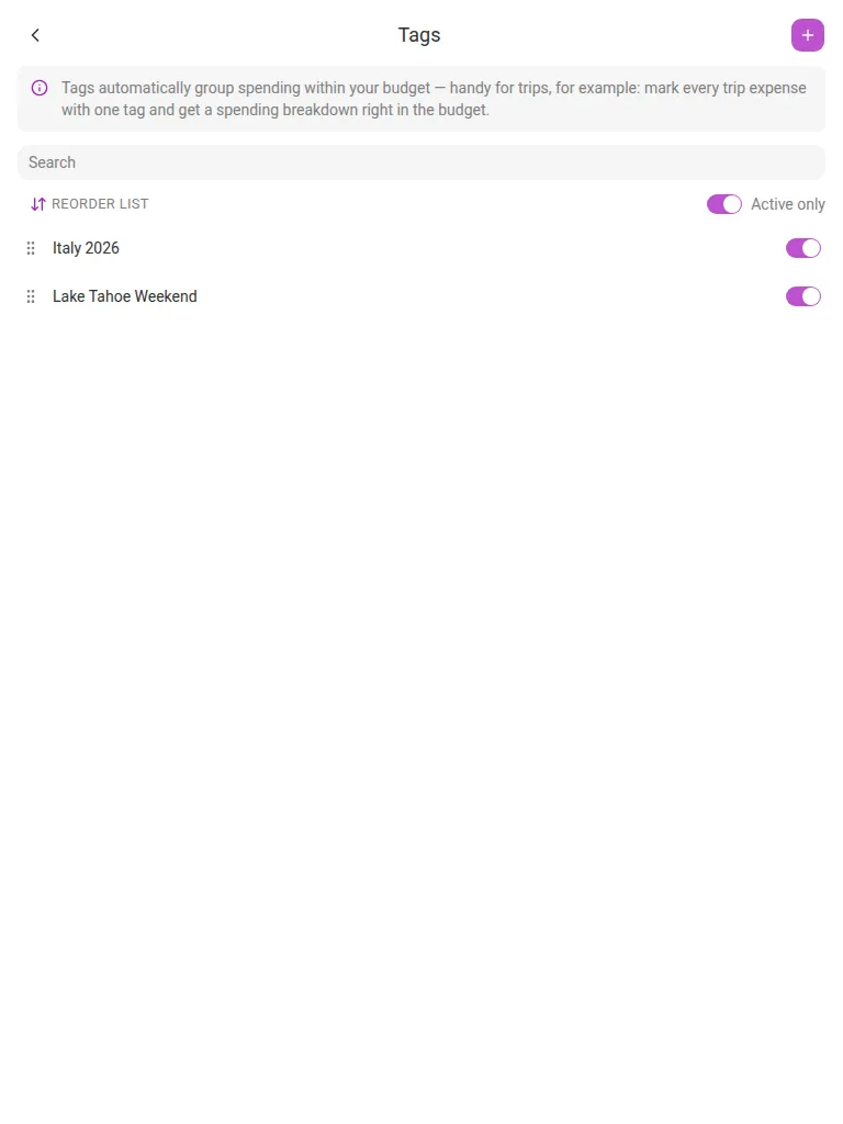 The Tags screen (tablet)