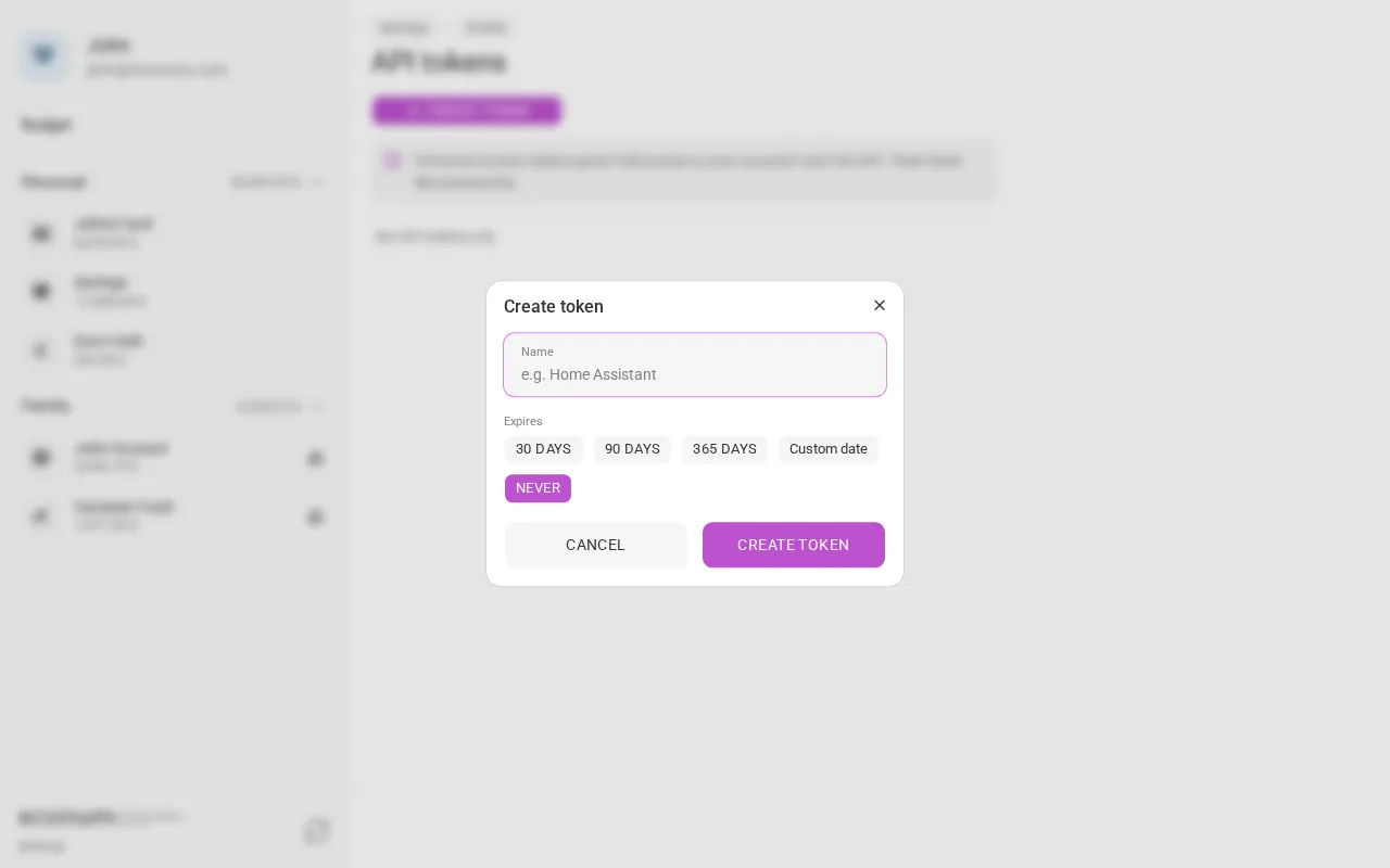 The create-token dialog (desktop)