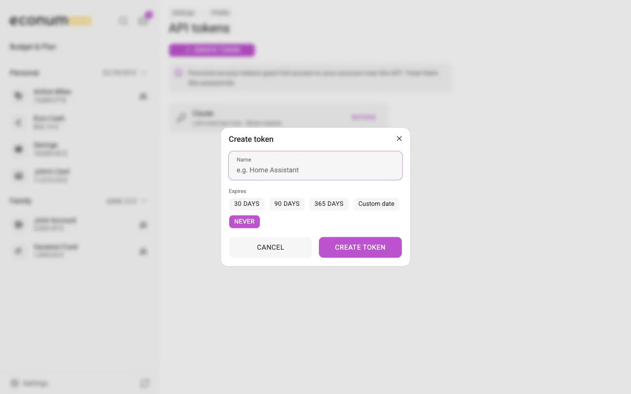 The create-token dialog (desktop)