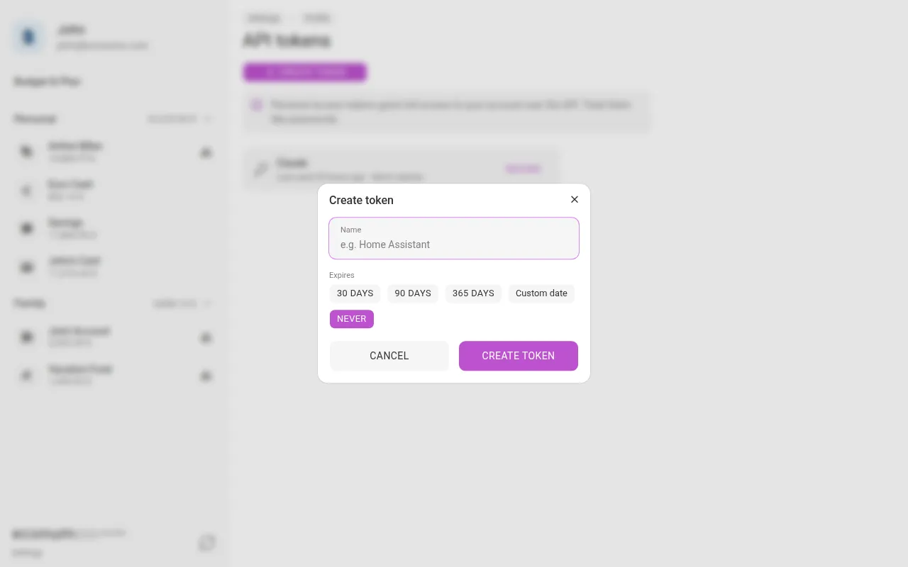 The create-token dialog (desktop)
