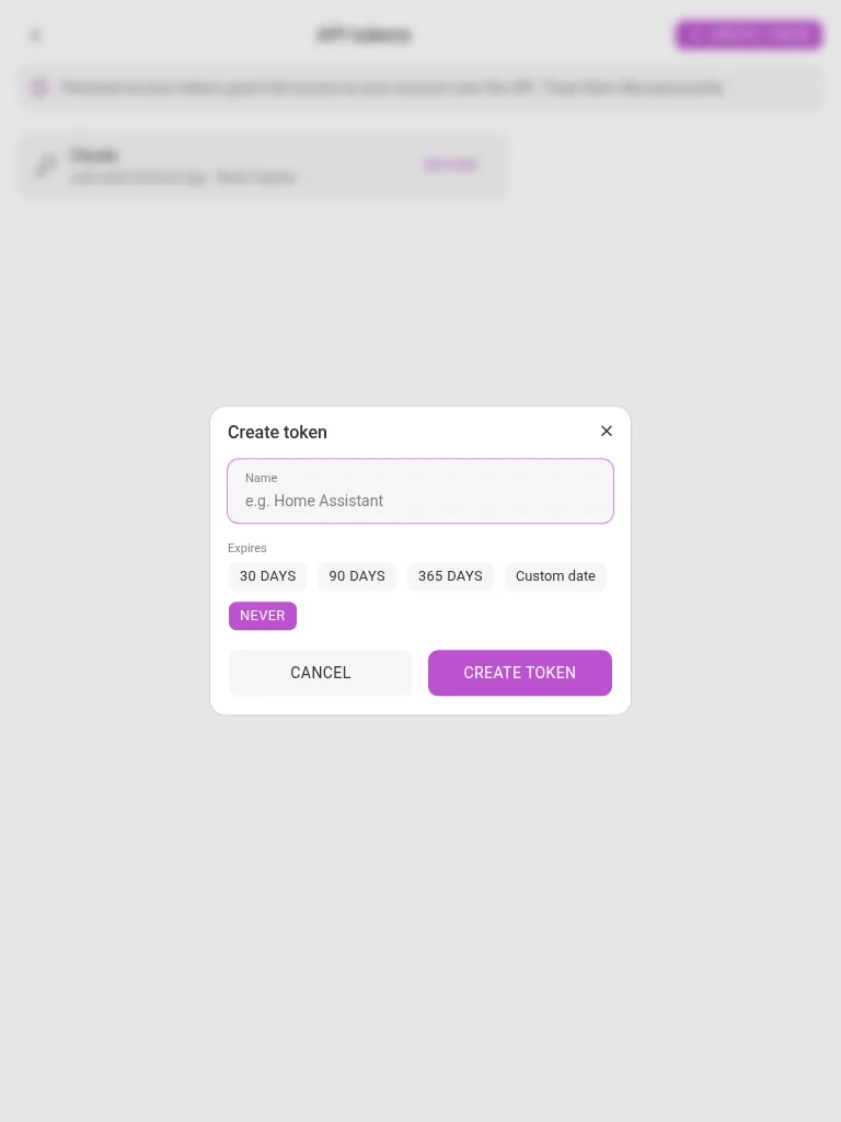 The create-token dialog (tablet)