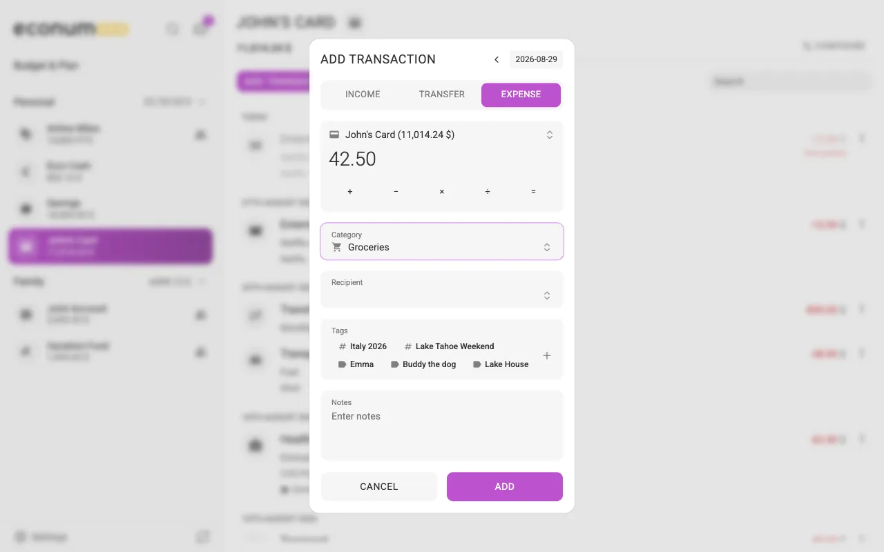 The add-expense dialog (desktop)