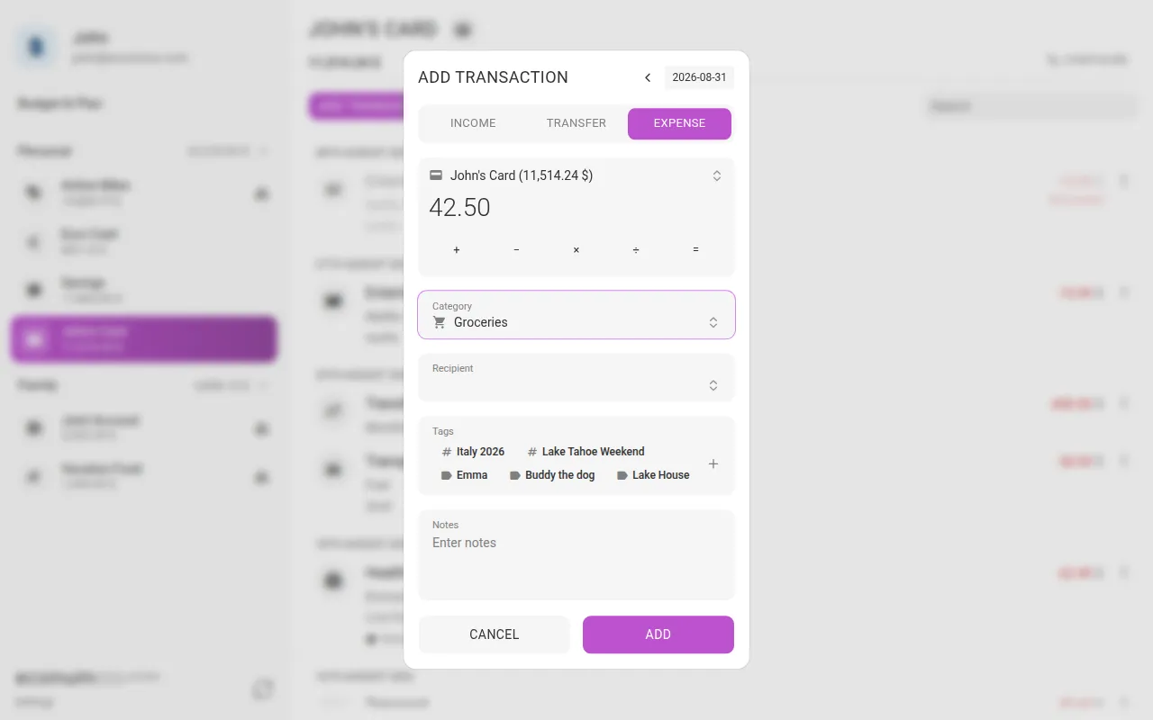 The add-expense dialog (desktop)