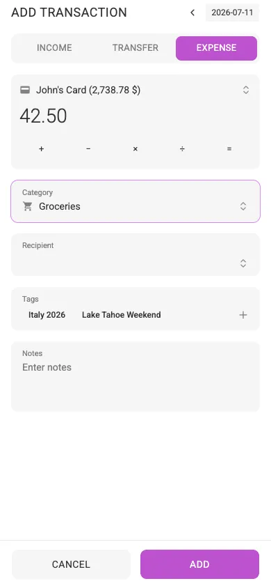 The add-expense dialog (mobile)