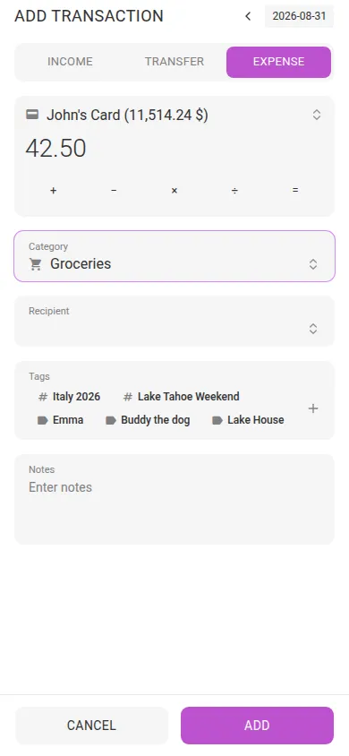 The add-expense dialog (mobile)