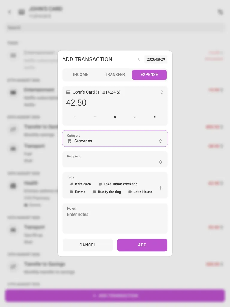 The add-expense dialog (tablet)
