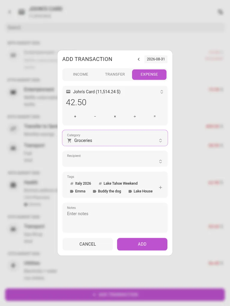 The add-expense dialog (tablet)