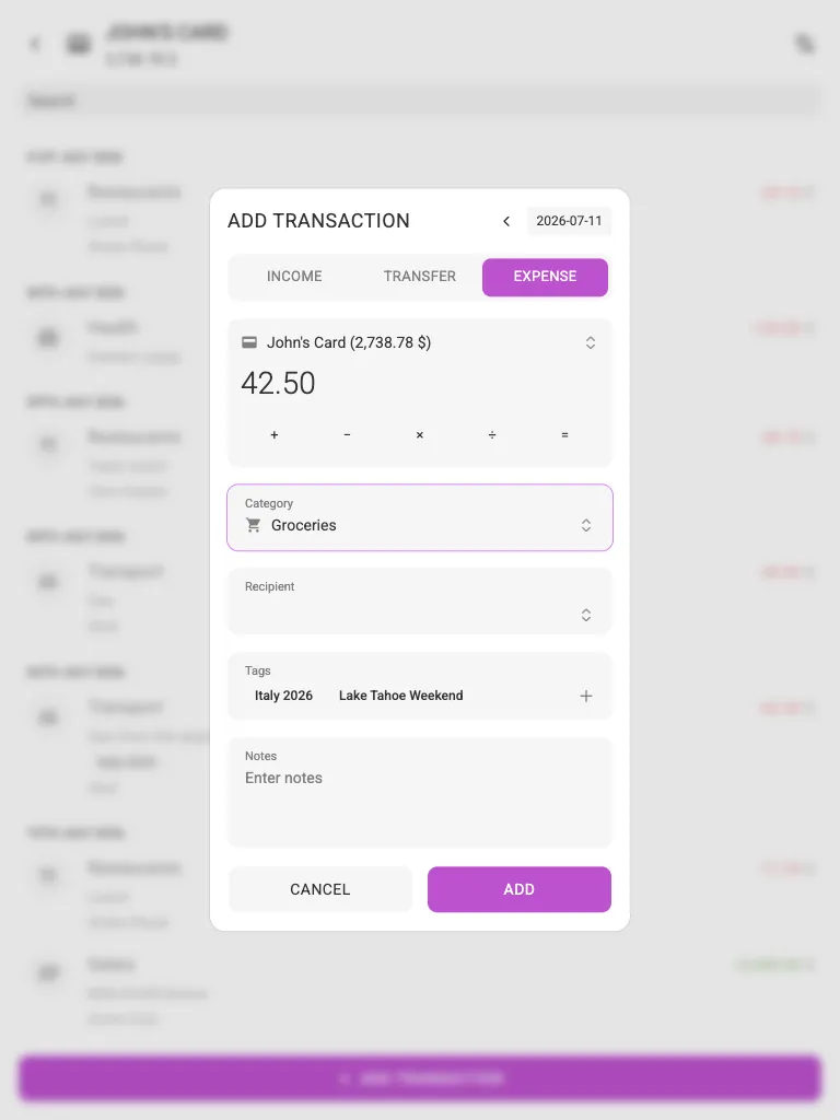 The add-expense dialog (tablet)
