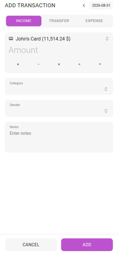 The add-income dialog (mobile)