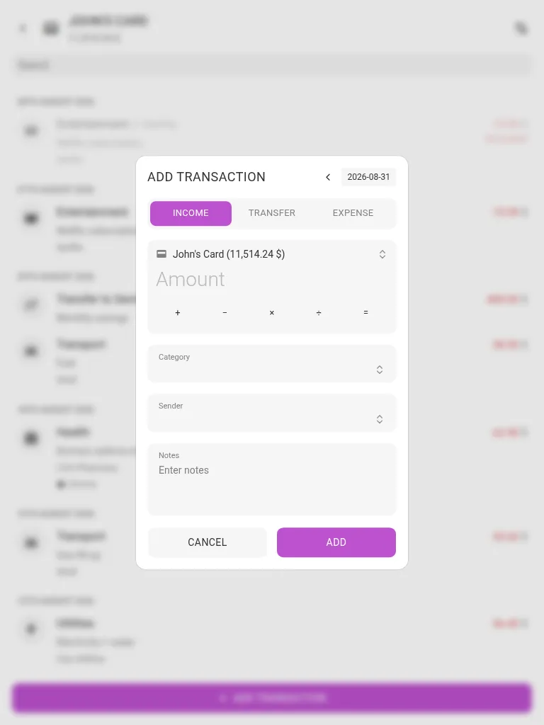 The add-income dialog (tablet)