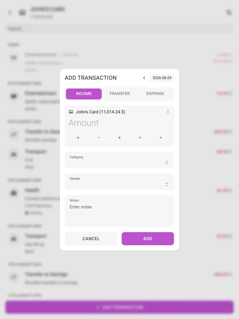 The add-income dialog (tablet)