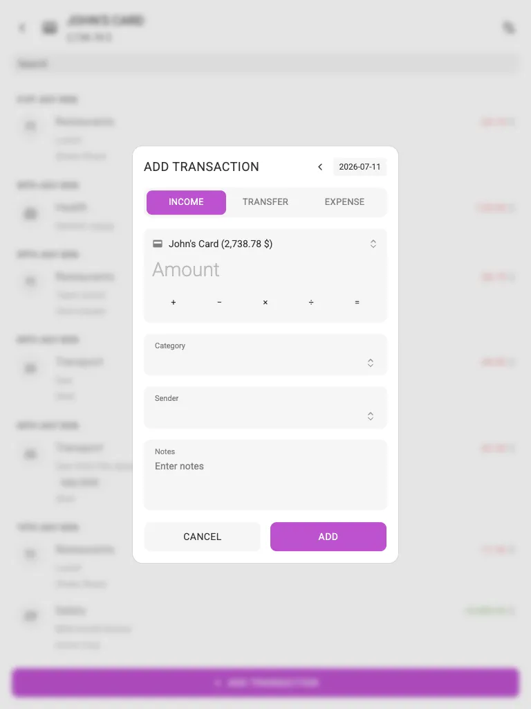 The add-income dialog (tablet)