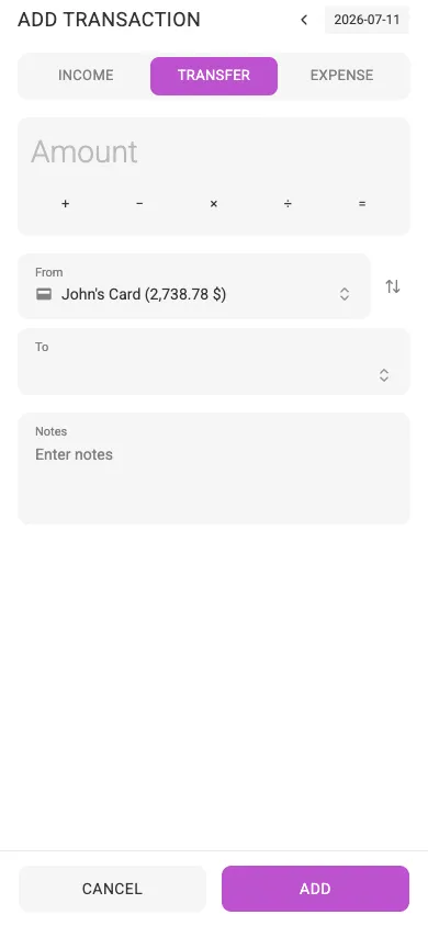 The add-transfer dialog (mobile)
