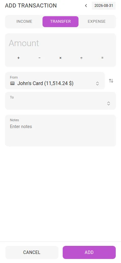 The add-transfer dialog (mobile)