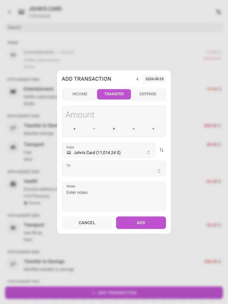 The add-transfer dialog (tablet)
