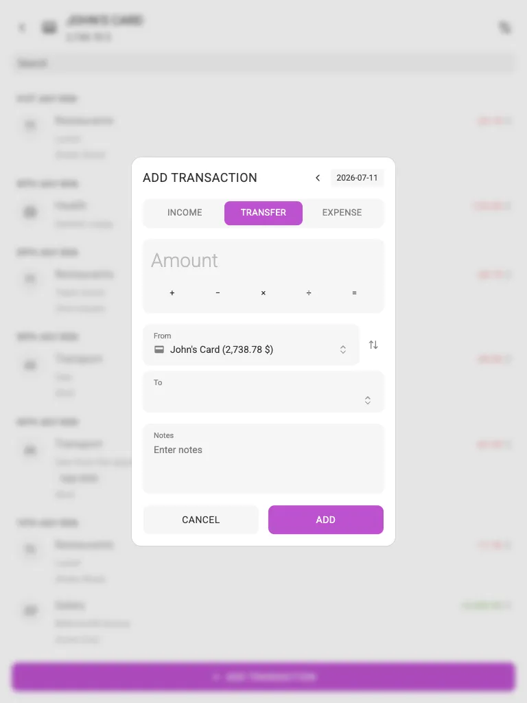 The add-transfer dialog (tablet)