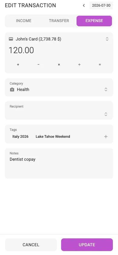 The edit-transaction dialog (mobile)