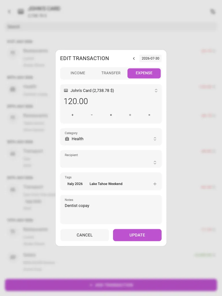 The edit-transaction dialog (tablet)