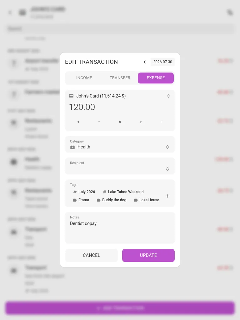 The edit-transaction dialog (tablet)