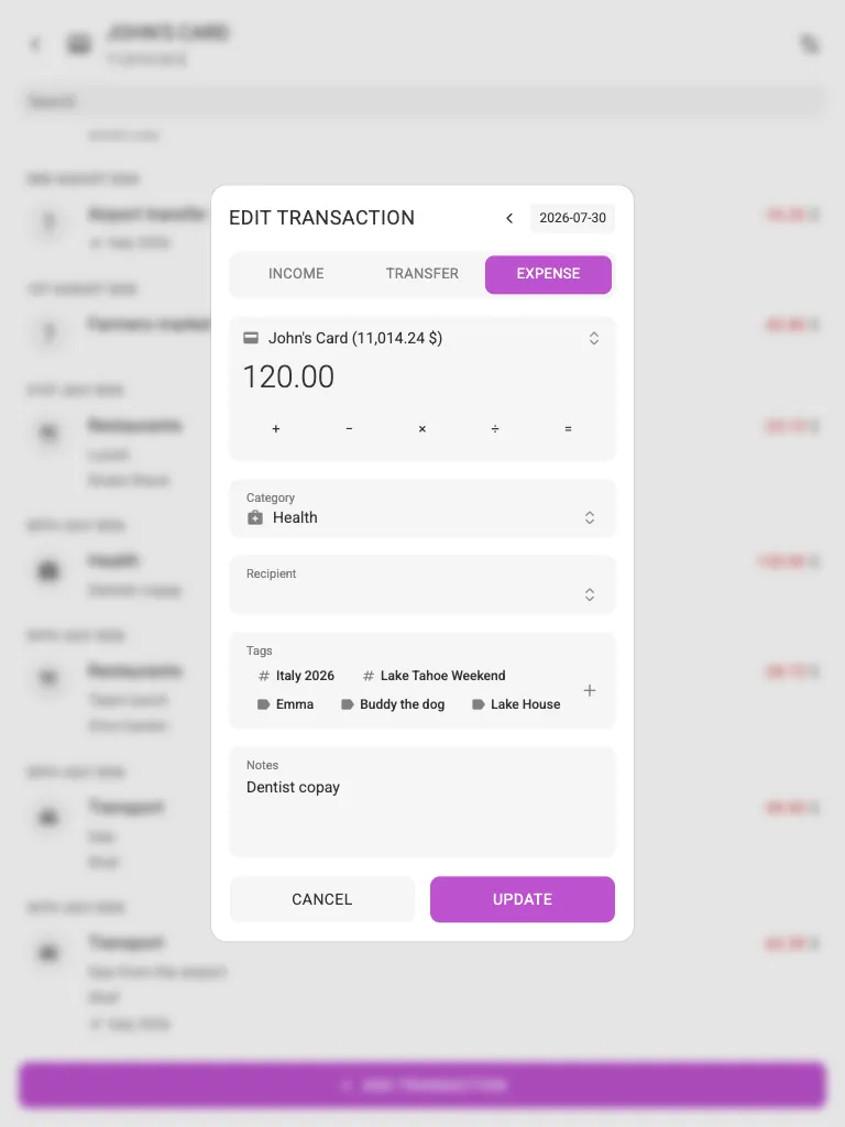The edit-transaction dialog (tablet)