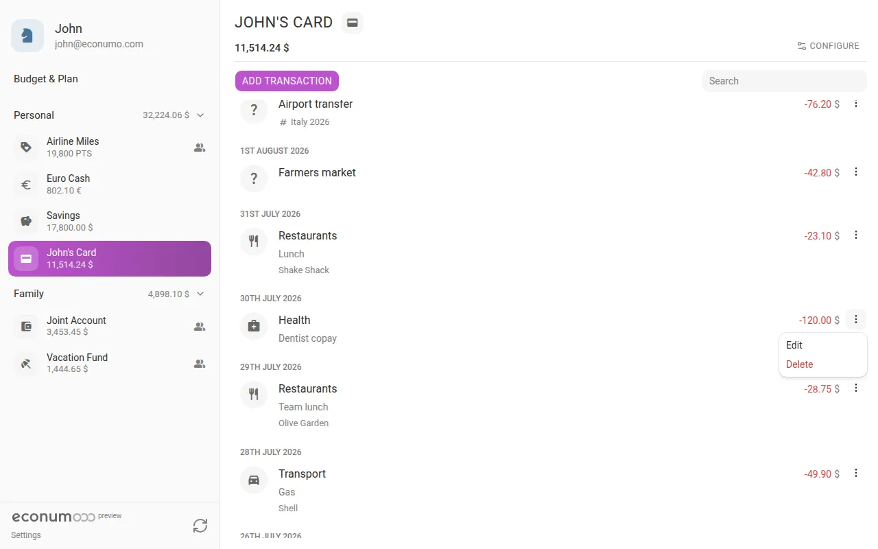 The transaction menu (desktop)