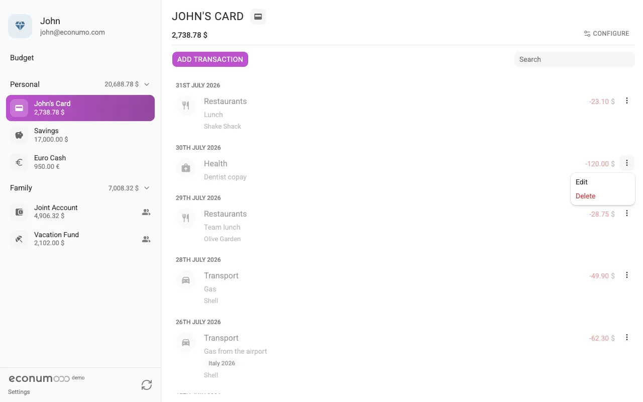 The transaction menu (desktop)